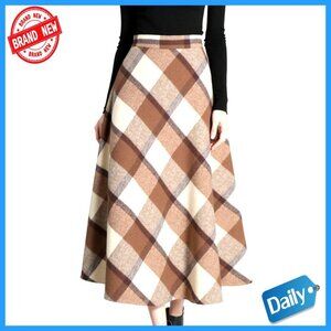 Wool Blend A-Line Midi Skirt High Elastic Waist Plaid Pattern